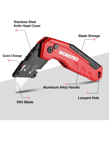 Cuchillo Utility Plegable WORKPRO Rojo con 13 Cuchillas SK5