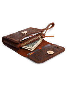 Cartera de muñeca de cuero floral para mujer - Marrón oscuro