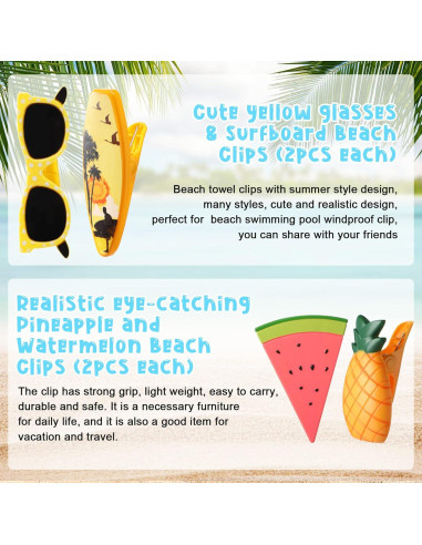 Clips para Toallas de Playa Honoson - 16 Piezas, 8 Estilos