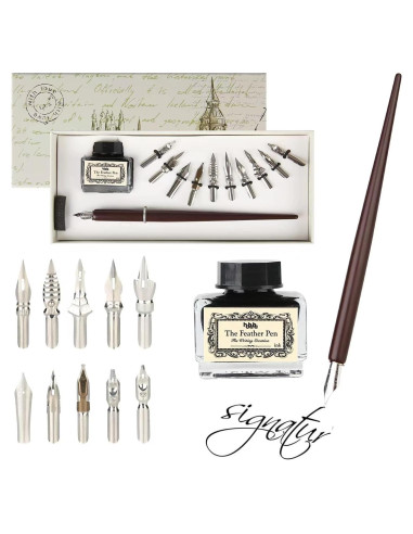 Juego de Caligrafía hhhouu con Pluma de Pavo Real y Tinta Negra