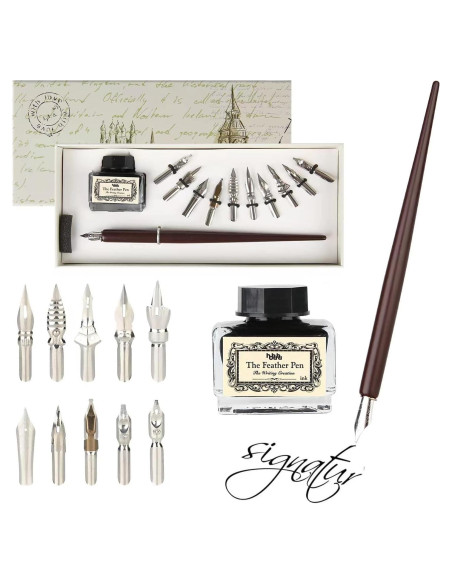 Juego de Caligrafía hhhouu con Pluma de Pavo Real y Tinta Negra