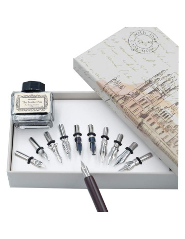 Juego de Caligrafía hhhouu con Pluma de Pavo Real y Tinta Negra