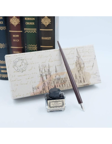 Juego de Caligrafía hhhouu con Pluma de Pavo Real y Tinta Negra