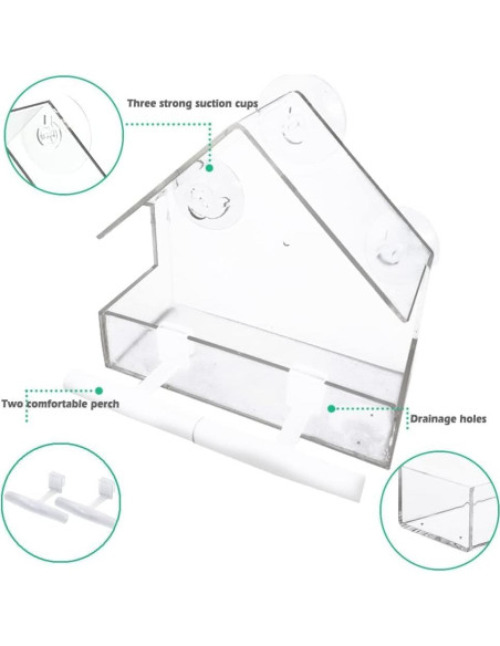 Comedero para Aves de Ventana WLLKOO Acrílico 15x7x15cm
