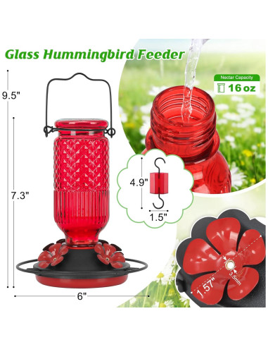 Alimentador de Colibríes de Vidrio Feed Garden 16 oz Rojo