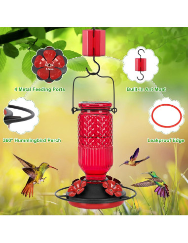 Alimentador de Colibríes de Vidrio Feed Garden 16 oz Rojo
