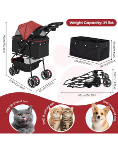 Carrito de Paseo Plegable Chihuahua 3 Ruedas Rojo/Negro 2