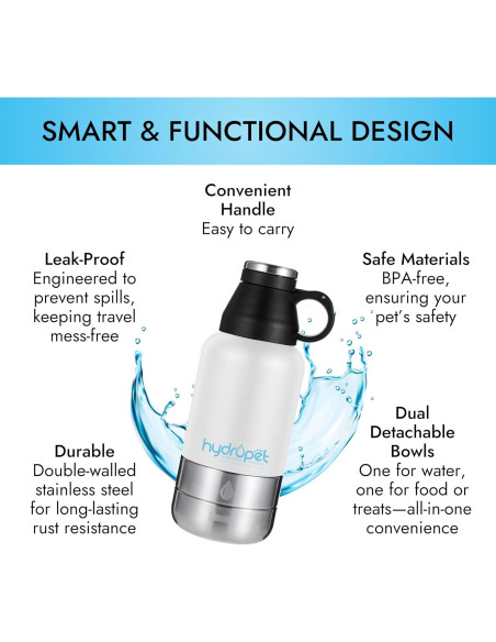 Botella de Agua Portátil para Perros HydroPet 950 ml - Acero Inoxidable Aislada
