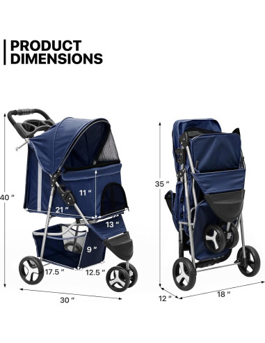 Carrito de Mascotas MoNiBloom 3 Ruedas Plegable Azul Marino