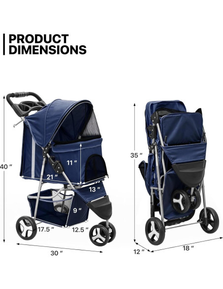 Carrito de Mascotas MoNiBloom 3 Ruedas Plegable Azul Marino