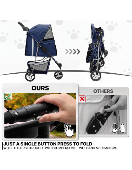 Carrito de Mascotas MoNiBloom 3 Ruedas Plegable Azul Marino
