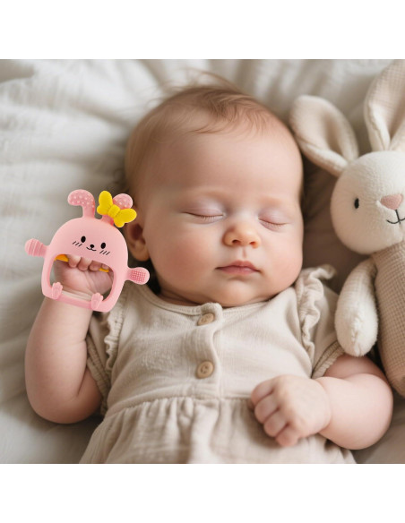 Mitones de Silicona para Dentición Bebé Conejito Rosa - Libre de BPA