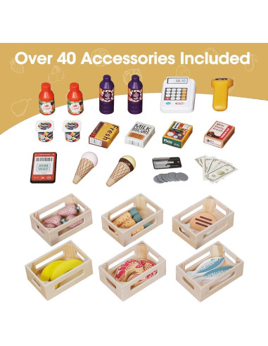 Juego de supermercado de madera Touch Us con carrito y 26 piezas