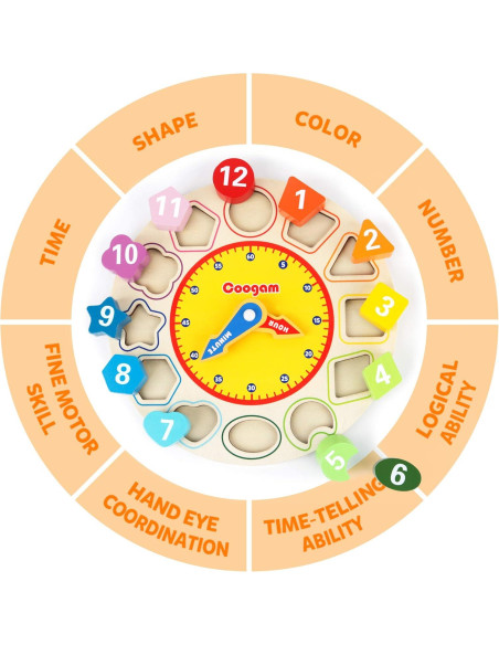 Reloj Educativo de Madera Coogam - Clasificador de Colores y Formas