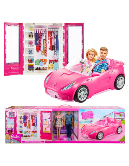 Muñeca Barbie y Ken con coche convertible rosa y accesorios Muñeca Barbie y Ken con coche convertible rosa y accesorios