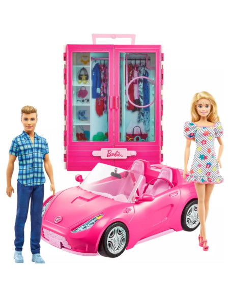 Muñeca Barbie y Ken con coche convertible rosa y accesorios Muñeca Barbie y Ken con coche convertible rosa y accesorios