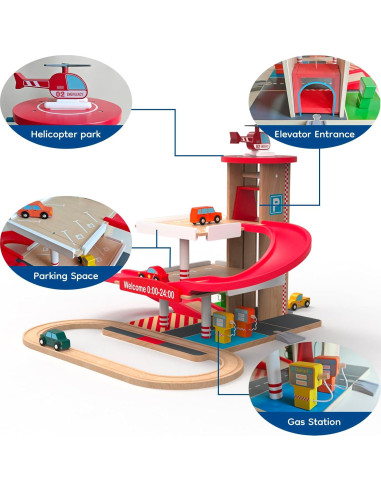 Garaje de Juguete Letoiz con Elevador y 4 Coches - Madera