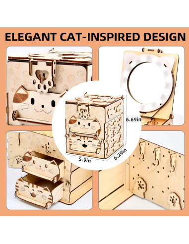 Caja de Tesoro de Gato 3D Varbertos con Espejo y Compartimentos