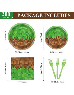 200 Piezas Suministros de Fiesta Gamer Mineros - Platos y Servilletas 2