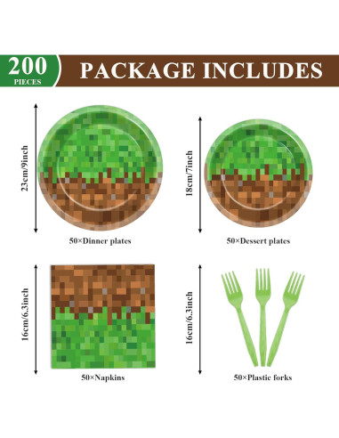200 Piezas Suministros de Fiesta Gamer Mineros - Platos y Servilletas