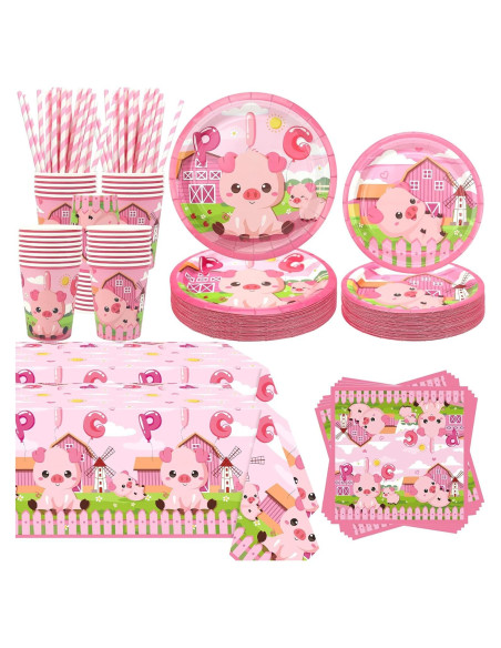 Kit de Suministros de Fiesta de Cerdo Rosa - 40 Platos, Vasos y Más