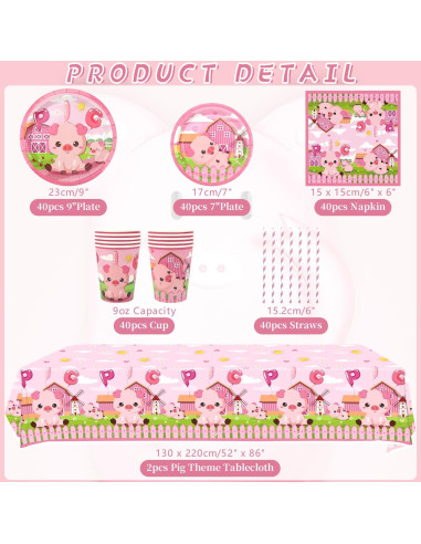 Kit de Suministros de Fiesta de Cerdo Rosa - 40 Platos, Vasos y Más