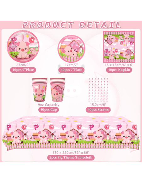 Kit de Suministros de Fiesta de Cerdo Rosa - 40 Platos, Vasos y Más