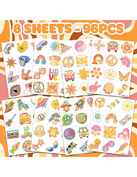 Tatuajes Temporales 96 PCS 91TATTOOS Retro 60s 70s Niños