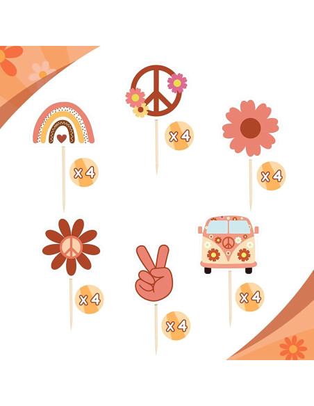 24 Decoraciones para Cupcakes Boho Hippie Mivofun - Fiesta 60s