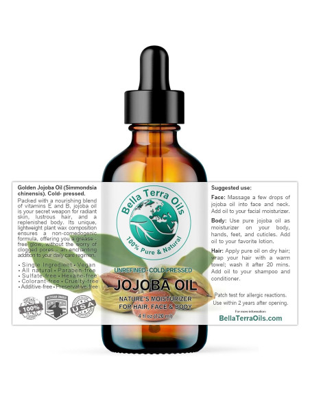 Aceite de Jojoba Orgánico Bella Terra 118 ml - Hidratante Piel y Cabello Aceite de Jojoba Orgánico Bella Terra 118 ml - Hidratante Piel y Cabello