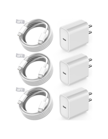 Cargador Rápido USB C 20W + 3 Cables 6FT para iPhone 16/15