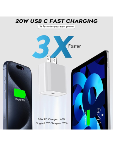 Cargador Rápido USB C 20W + 3 Cables 6FT para iPhone 16/15