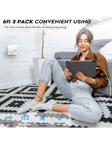 Cargador Rápido USB C 20W + 3 Cables 6FT para iPhone 16/15