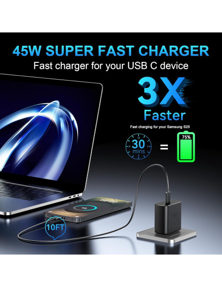 Cargador Rápido USB C Vilive 45W con Cable 10FT para Samsung