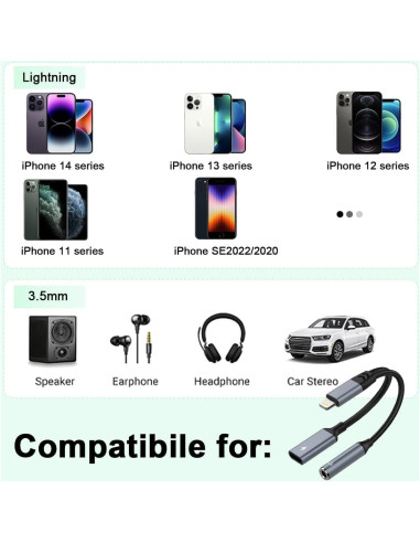 Adaptador 2-en-1 Lightning a 3.5mm MFi para iPhone