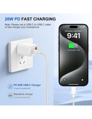 Cargador Rápido USB C Lefcen 20W Doble Puerto para iPhone 15