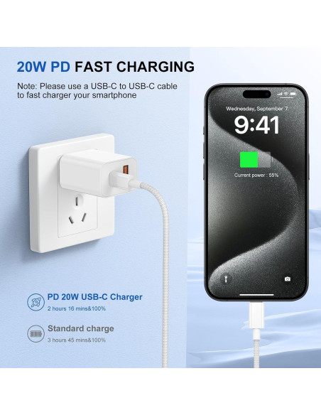 Cargador Rápido USB C Lefcen 20W Doble Puerto para iPhone 15