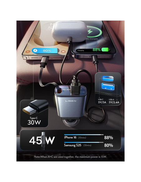 Cargador de Coche LISEN USB C 57W Retráctil para iPhone 16/15