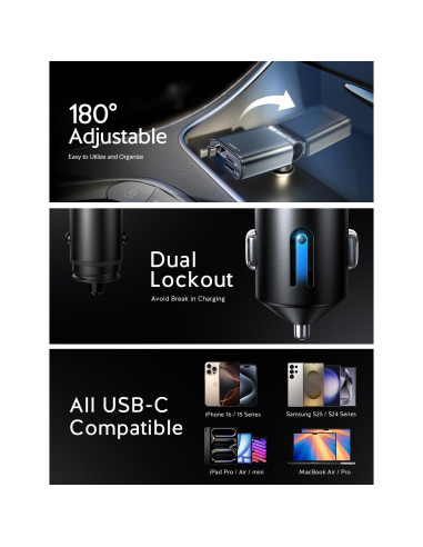 Cargador de Coche LISEN USB C 57W Retráctil para iPhone 16/15