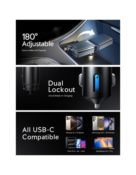 Cargador de Coche LISEN USB C 57W Retráctil para iPhone 16/15