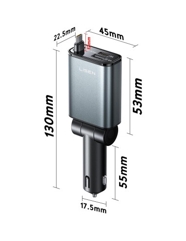 Cargador de Coche LISEN USB C 57W Retráctil para iPhone 16/15