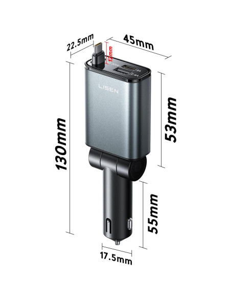 Cargador de Coche LISEN USB C 57W Retráctil para iPhone 16/15