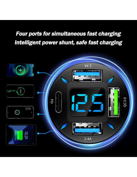 Cargador de coche KIFIDAN 4 Puertos QC3.0 PD 20W Negro Cargador de coche KIFIDAN 4 Puertos QC3.0 PD 20W Negro