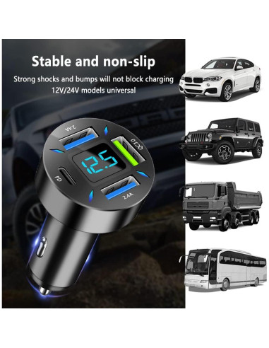 Cargador de coche KIFIDAN 4 Puertos QC3.0 PD 20W Negro