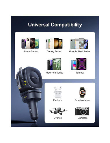 Cargador de Coche Baseus 163W Retráctil USB-C Carga Rápida