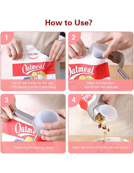 4 Clips para Bolsas de Comida Ledorr con Vertedor Grande