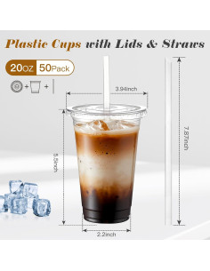 Vasos de Plástico Desechables Ginkgo 20 oz 50 Pack con Tapas y Pajitas 2