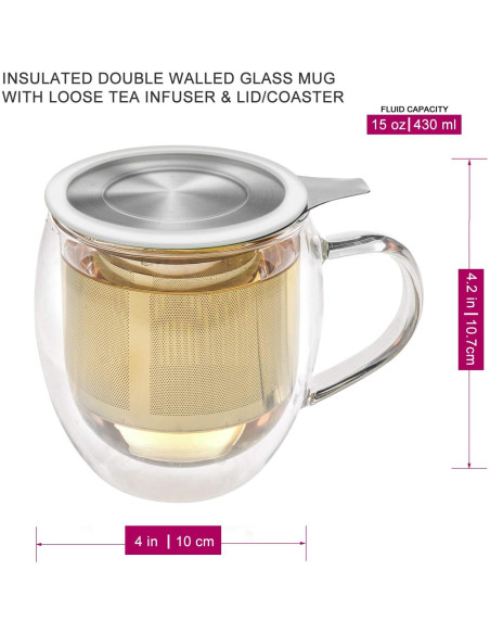 Taza de vidrio borosilicato Teabloom con infusor y tapa 430 mL Taza de vidrio borosilicato Teabloom con infusor y tapa 430 mL