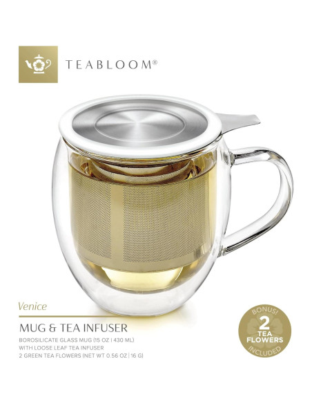 Taza de vidrio borosilicato Teabloom con infusor y tapa 430 mL Taza de vidrio borosilicato Teabloom con infusor y tapa 430 mL