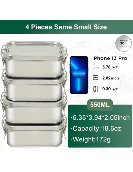 Cajas de Almuerzo Bento de Acero Inoxidable LEEPENK 4 Pcs 550ml